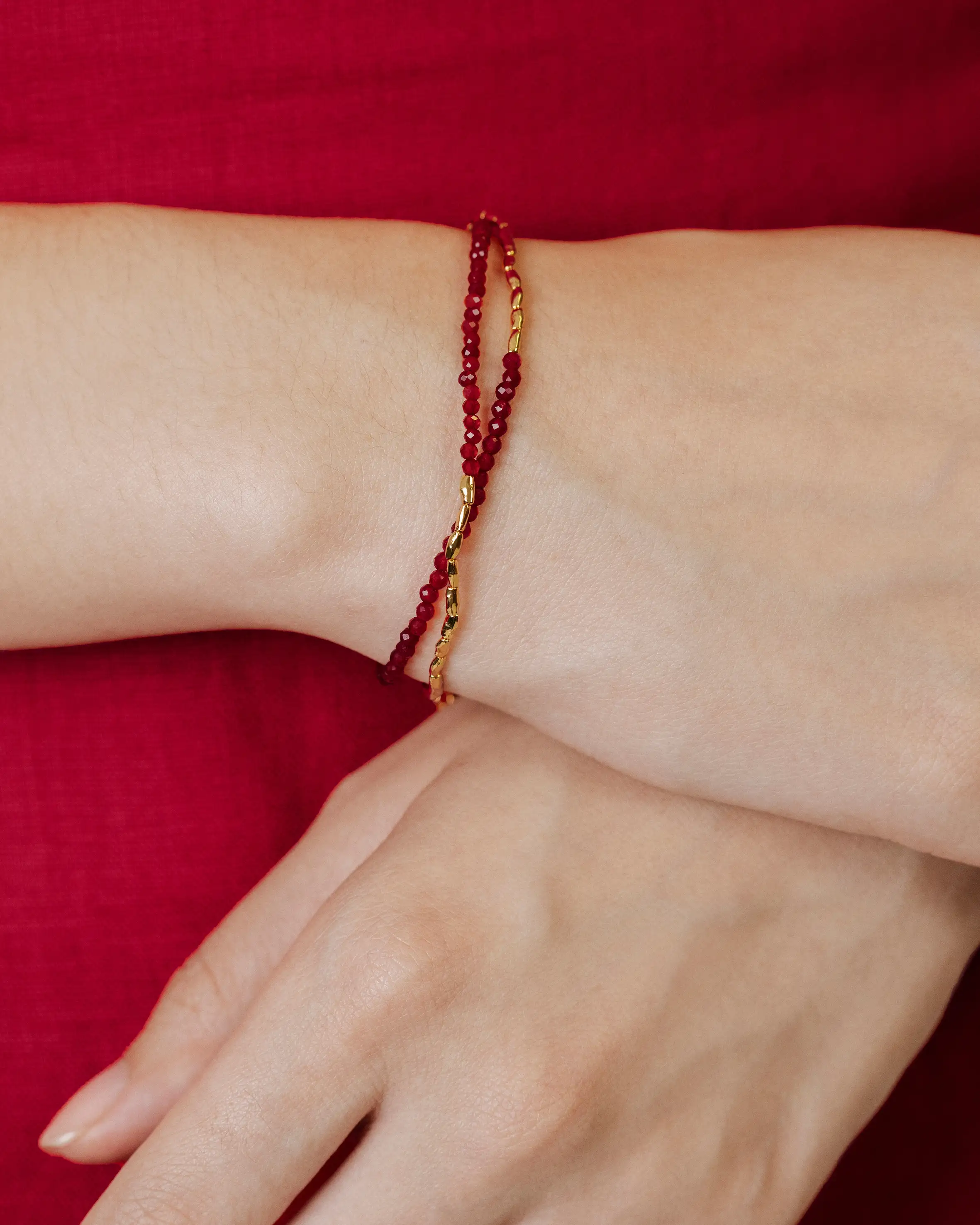 Gold Vermeil Mini Nugget Gemstone Beaded Bracelet - Red Onyx 3 Gold Vermeil Mini Nugget Gemstone Beaded Bracelet - Red Onyx