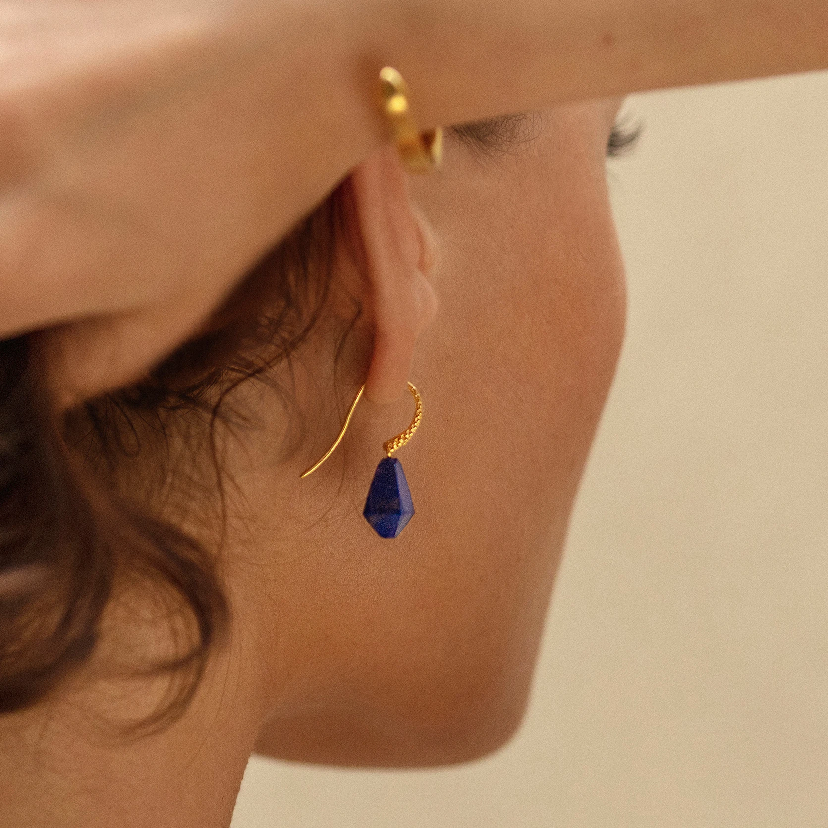 Gold Vermeil Geometric Gemstone Wire Earrings - Lapis 3 Gold Vermeil Geometric Gemstone Wire Earrings - Lapis